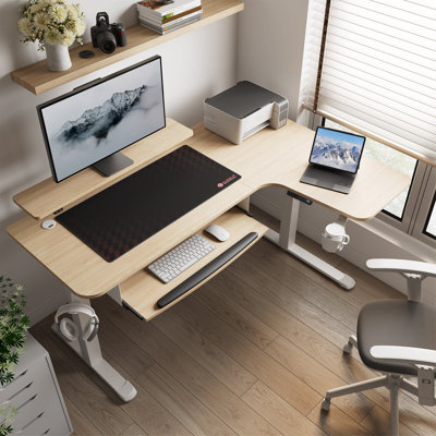 Inbox Zero Marquasha L Shaped Standing Desk with Monitor Stand LED Strips Dual Motor Inbox Zero Color Maple White Orientation Right Hand Return
